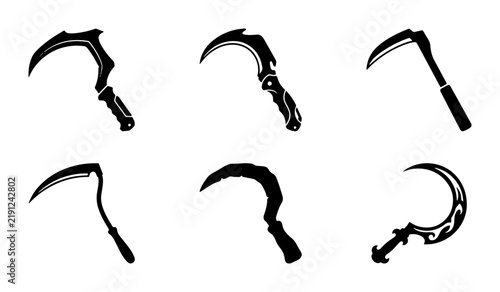 Black sickle and scythe silhouettes, farming and weapon icons, graphic