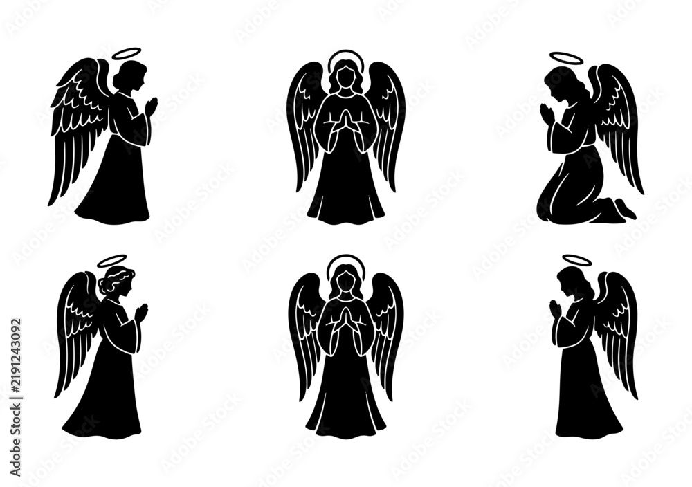Fototapeta premium Black angel silhouettes, praying and with wings, graphic religious