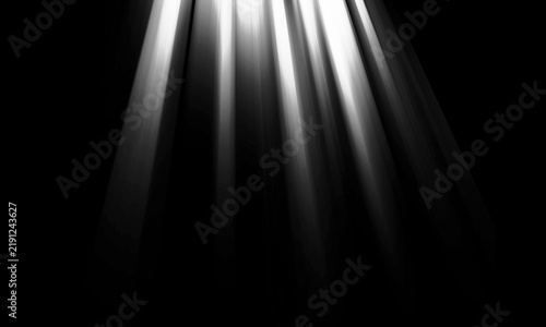 Konstfotografi Radiant white light beams shine downwards in vertical streaks creating dramatic contrast against solid black void captured in this sharp high resolution digital art render effect