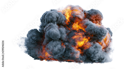 Картината върху платно Fiery orange explosion with dark grey smoke, isolated on transparent background