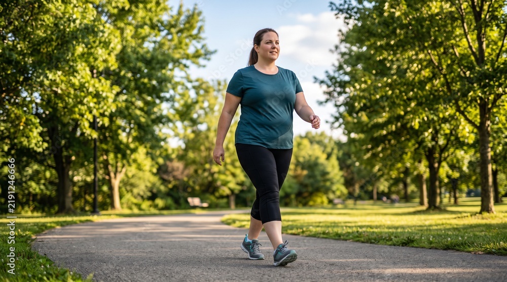 Obraz premium Woman walking on paved path in green park during sunny day highlighting outdoor cardio exercise and healthy lifestyle routine
