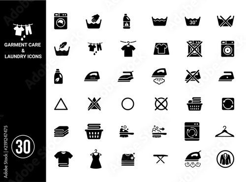 Garment Care and Laundry Icon Collection with Washing, Drying, Ironing, Cleaning and Clothing Care Symbols