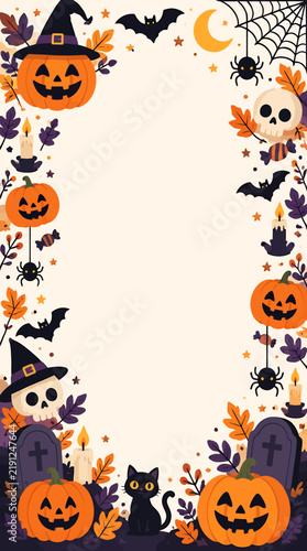 Halloween themed frame with pumpkins, bats, and skulls.