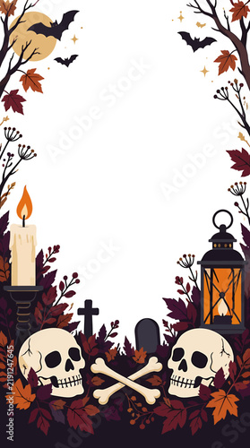 Halloween Skulls and Bones with Candle and Lantern.