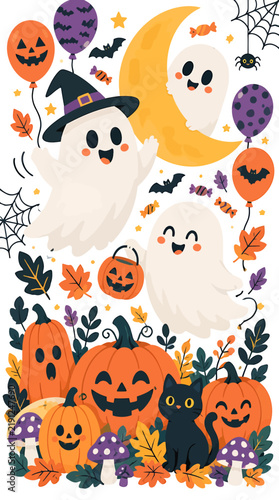 Cute Halloween ghosts pumpkins black cat and autumn leaves.