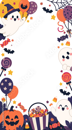 Halloween-themed border with cute ghosts, pumpkins, and candy.