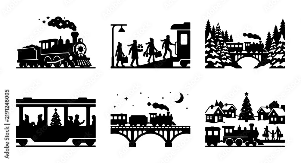 Fototapeta premium Black and white train icons, winter village and travel scenes, graphic