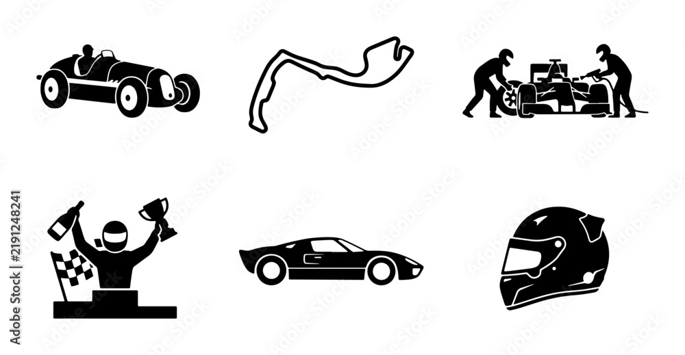 Obraz premium Black and white racing icons, vintage car, modern sports car, helmet