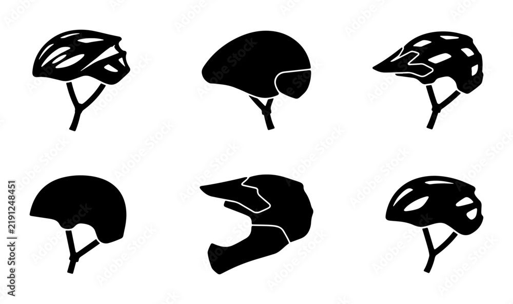 Fototapeta premium Black bicycle helmets icons, set of different designs, graphic element