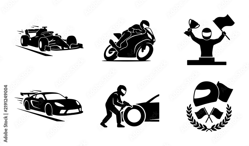 Fototapeta premium Set of racing vehicles and winning elements silhouettes