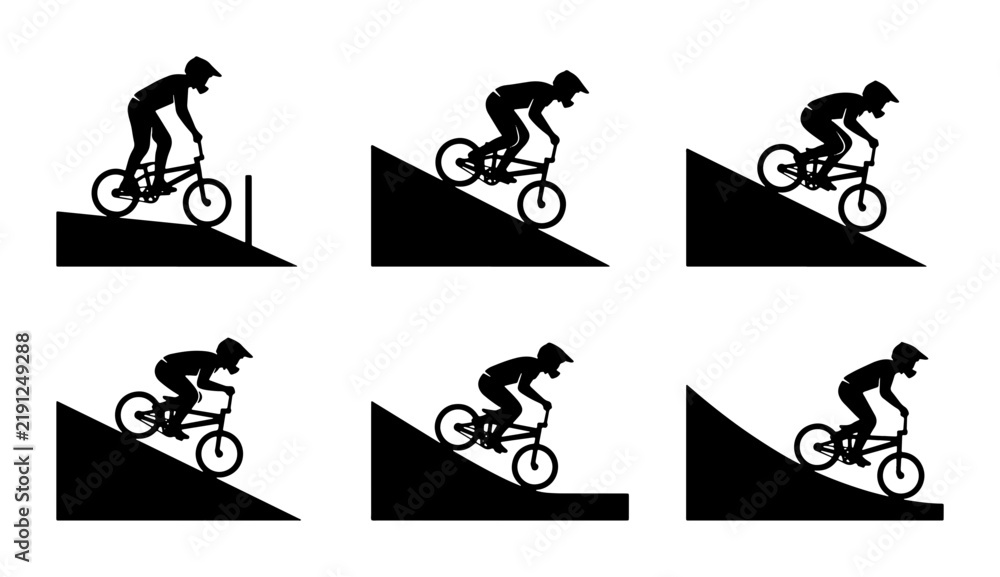 Fototapeta premium BMX rider silhouettes performing stunts on ramps and jumps