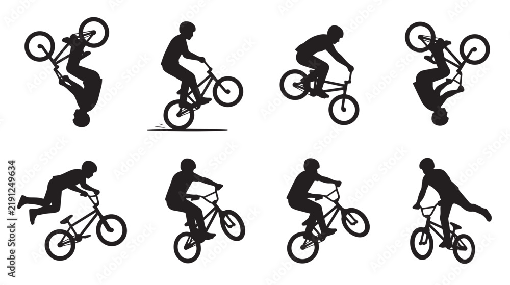 Fototapeta premium Professional BMX Freestyle Rider Silhouette Vector Collection with Dynamic Aerial Bicycle Tricks and Action Movements