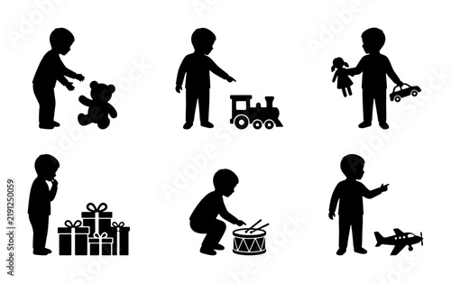 Black silhouette children playing with toys, graphics for kids