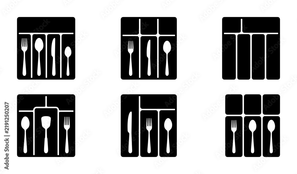 Obraz premium Black icons of cutlery and kitchen utensils in organizers, graphic