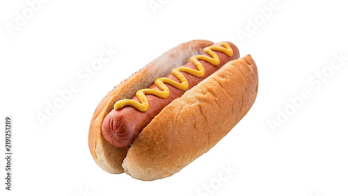 Classic American hot dog with mustard in bun isolated on transparent background.