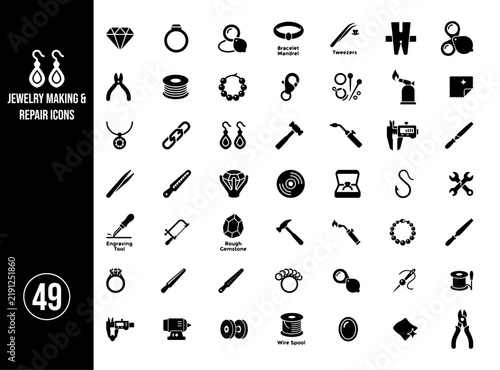 Jewelry Making and Repair Icon Collection with Goldsmith Tools, Gemstones, Rings, Chains and Jewelry Workshop Equipment