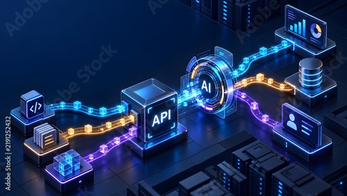 Plakat w ramie Isometric visualization of an application programming interface connecting to artificial intelligence nodes for advanced server data processing