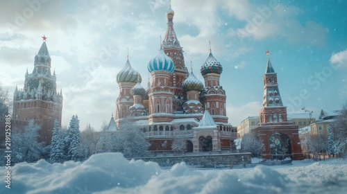 Winter view of Saint Basil's Cathedral in Moscow under a cloudy sky.