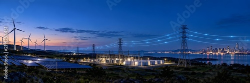 Smart Renewable Energy Power Grid with Solar Panels Wind Turbines and Transmission Lines Supplying Electricity to City