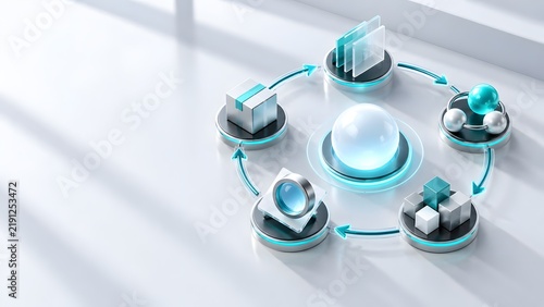 Circular Business Process and Supply Chain Workflow Diagram with 3D Icons on Glossy White Background