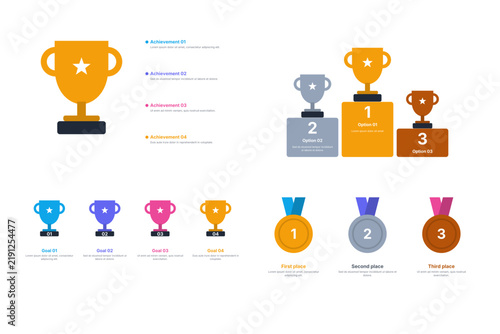 Trophy award infographic set with podium medals and achievements