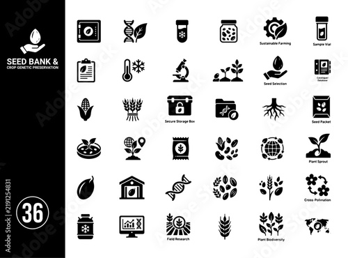 Seed Bank and Crop Genetic Preservation Icon Collection with Seed Storage, Plant Biodiversity, Research and Conservation