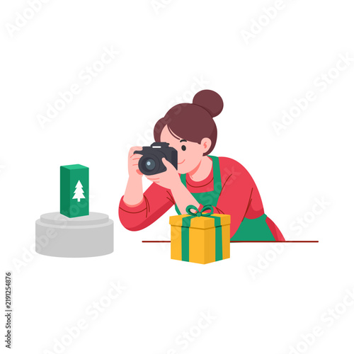 Flat Illustration Woman Photographer Taking Christmas Product Photos