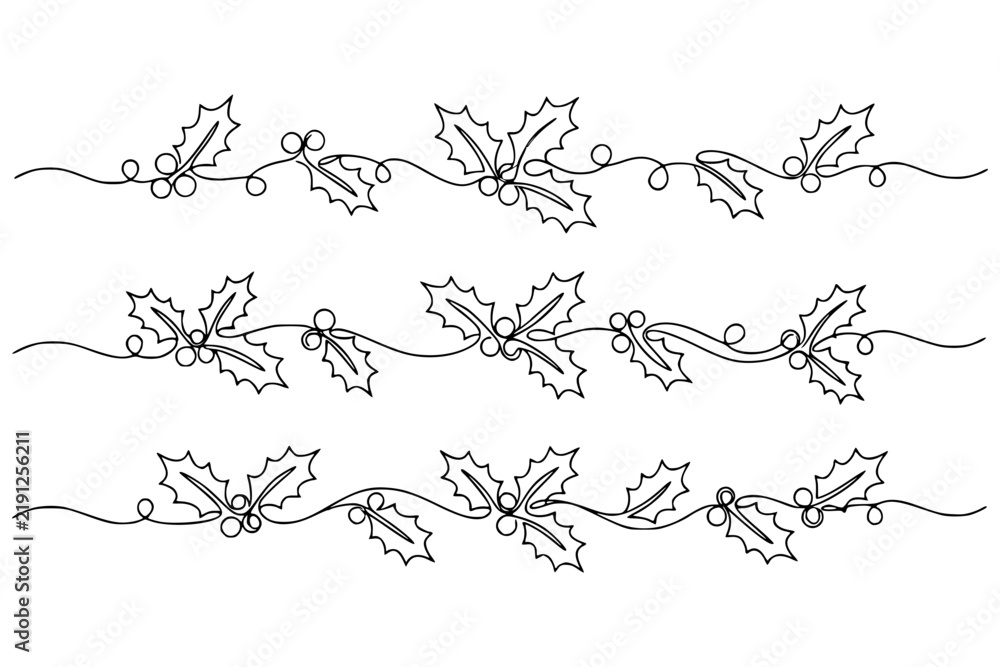 Obraz premium Repeating holly leaves and berries form a black line art border on a white background, conveying festive winter decoration