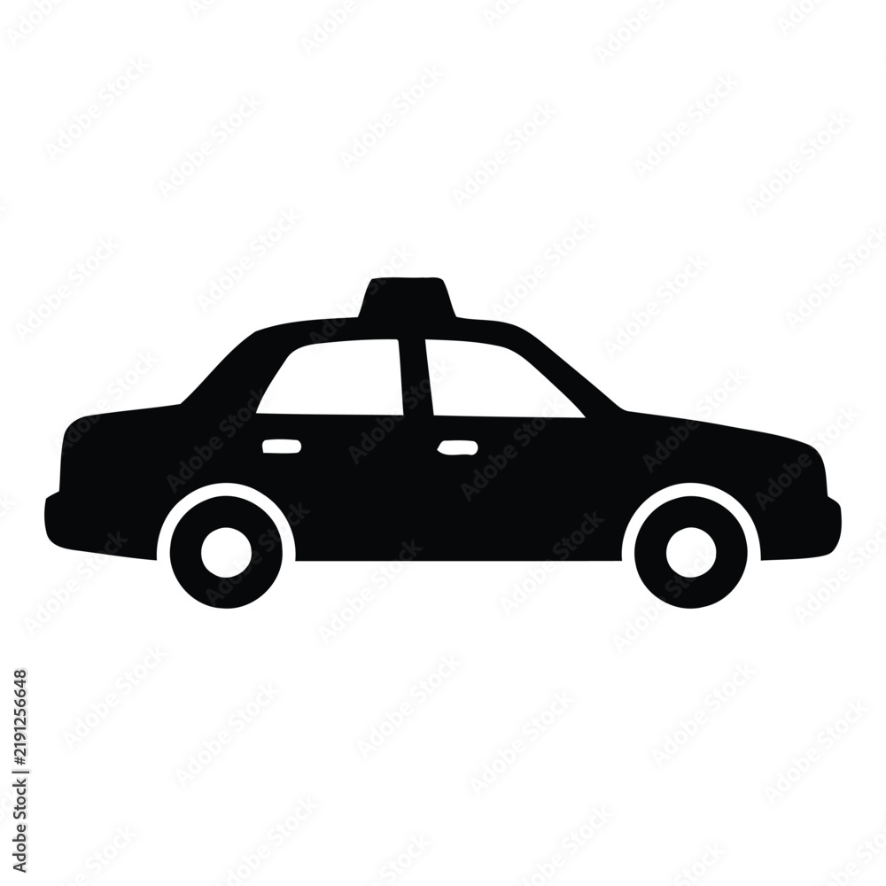 Obraz premium Black and white taxi car vector icon, simple graphic illustration of a transportation vehicle.