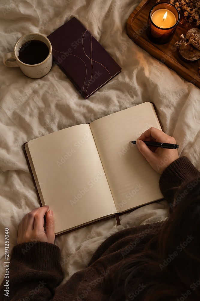 Obraz premium Cozy Morning Journaling in Bed with Coffee Cup and Lit Candle, Woman Writing in Notebook, Hygge Lifestyle