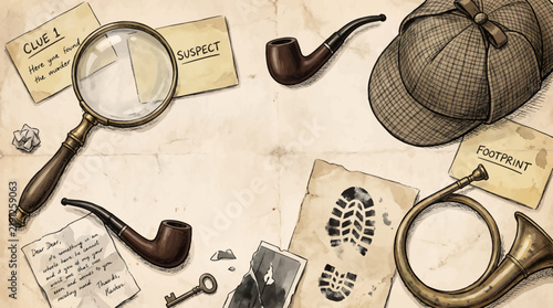 A vintage collection of classic detective tools and mystery clues, featuring a magnifying glass, deerstalker hat, pipes, and footprints on aged parchment.