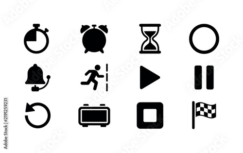 Countdown Stopwatch, solid glyph icon set featuring stopwatch, timer clock, hourglass, countdown ring, alarm, lap button, play control, pause control, reset arrow and sports timer, covering stopwatch,