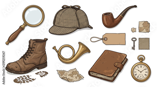 A vintage collection of detective and adventure items, featuring a deerstalker hat, magnifying glass, pipe, boot, and pocket watch.