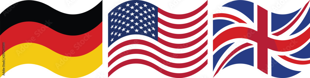 Fototapeta premium Three Waving National Flags of Germany USA and UK