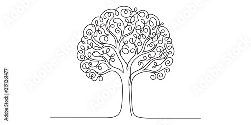 Continuous line drawing of a tree isolated on white background