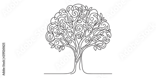 Minimalist continuous line art drawing of a leafy tree