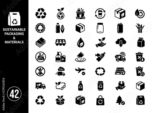 Sustainable Packaging and Eco Friendly Material Icon Collection for Recycling, Reusable Products and Green Business