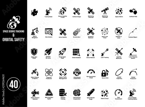 Space Debris Tracking and Orbital Safety Icon Collection with Satellites, Space Surveillance and Earth Orbit Monitoring