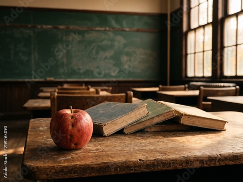 A close-up shot of a red apple resting on a rustic wooden desk in a vintage classroom with chalkboards and sunlight streaming through windows