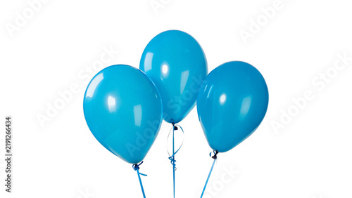 Photography Three blue shiny helium balloons floating together isolated on transparent background