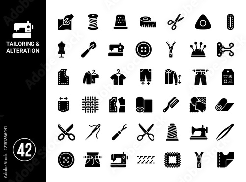 Tailoring and Clothing Alteration Icon Collection Featuring Sewing Tools, Garment Repair, Textile Work and Fashion Workshop Equipment