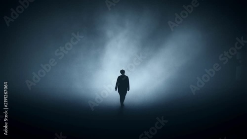Cinematic silhouette of a person walking through dense fog towards a bright light in a dark atmospheric environment, representing mystery, solitude, or a spiritual journey.