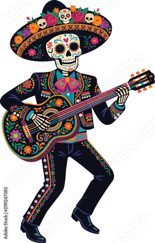 Festive Skeleton Mariachi Playing Guitar in Traditional Mexican Style for Day of the Dead