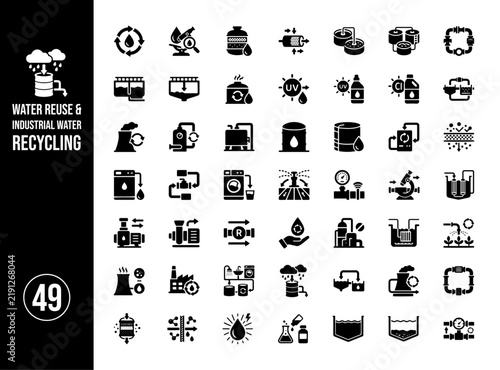 Industrial Water Reuse and Recycling Icon Collection for Wastewater Treatment, Water Conservation, Filtration and Sustainable Industry