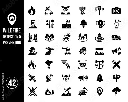 Wildfire Detection and Prevention Icon Collection for Forest Fire Monitoring, Emergency Response, Fire Safety and Disaster Management