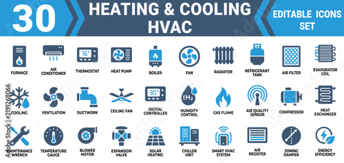 Set of 30 heating and cooling hvac icons for air conditioning and ventilation systems Editable Solid Fill Vector Icon Pack
