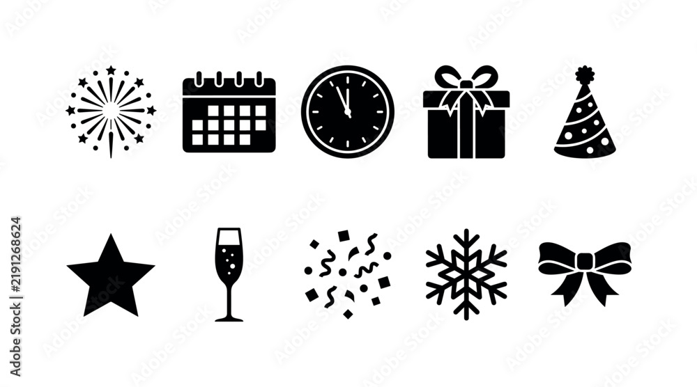 Fototapeta premium New Year Milestone, solid glyph icon set featuring fireworks, calendar, clock, gift box, party hat, star, champagne glass, confetti, snowflake and ribbon, covering dated New Year greeting source,