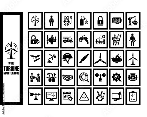 Wind Turbine Maintenance and Renewable Energy Worker Icon Collection for Inspection, Repair, Safety and Wind Farm Operations