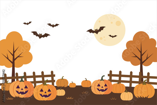 Halloween pumpkin patch landscape with full moon and bats in flat 2D style. Vector illustration for autumn night background concept.
