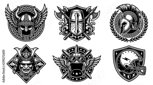 Warrior, Sports,  Aviation Helmets Emblems Set. Vintage Black  White Line Art Illustrations.